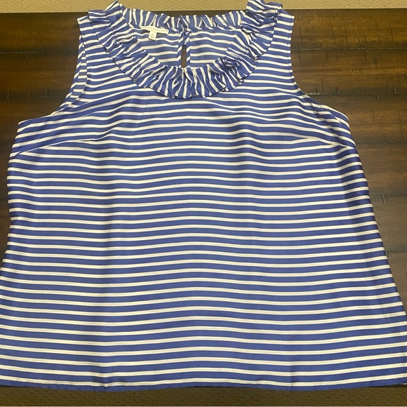 Talbots Women Top Size XL Blue White Stripe Sleeveless Ruffle Collar Side Zip - Picture 4 of 11